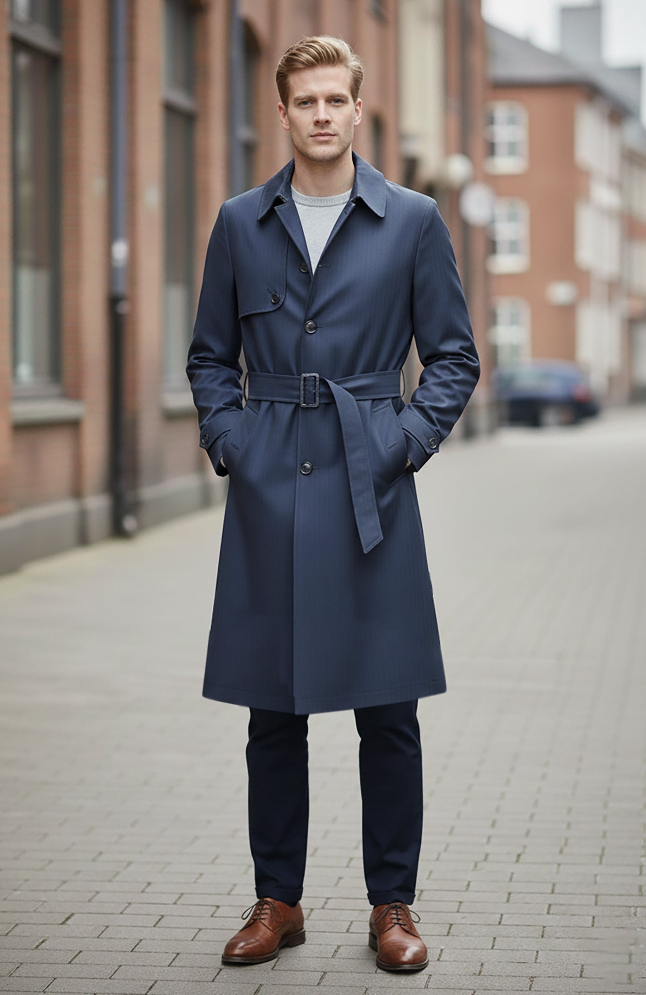 Man Ray Navy Herringbone Trench Coat - Cardinal of Canada - US - Man Ray Navy Herringbone Trench Coat