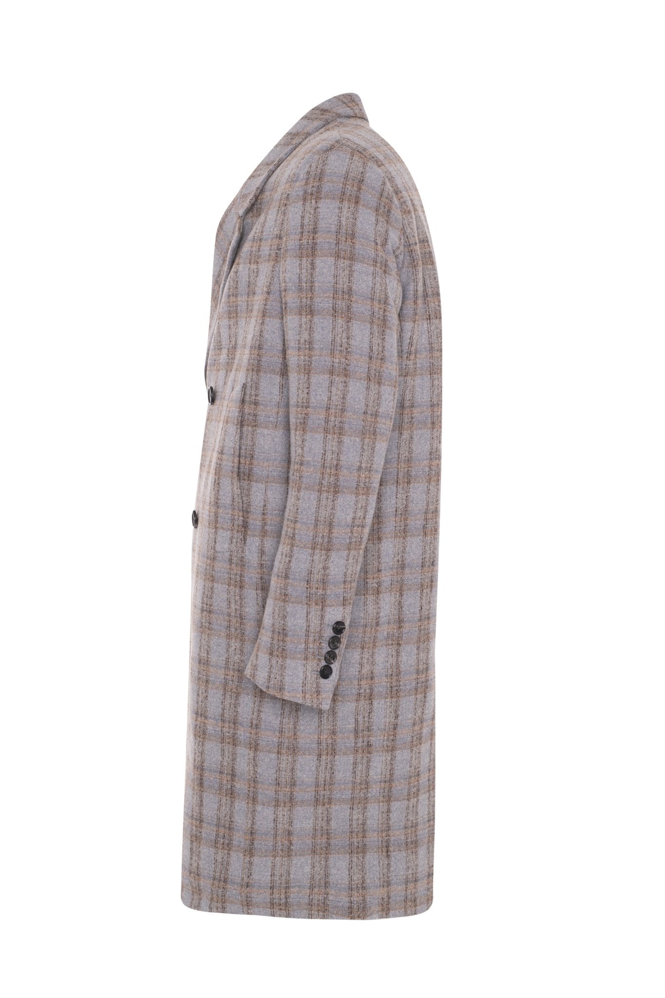 MAINE GREY PLAID DOUBLE BREAST OVERCOAT - MENS - Cardinal of Canada-US-Maine- wool plaid topcoat 41.5 inch length